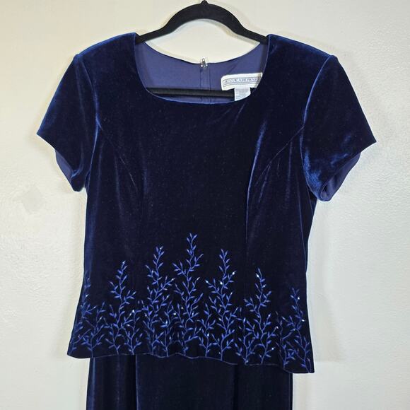 90s Jessica Howard Velvet Maxi Dress Women's 6 Blue Embroider Bead Dark Romantic - Picture 3 of 12